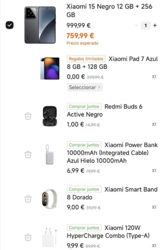 Xiaomi 15 de 12GB/256GB + Xiaomi Pad 7 + Cargador 120w + Auriculares + Powerbank Xiaomi + Xiaomi Band 8 por 636,97€