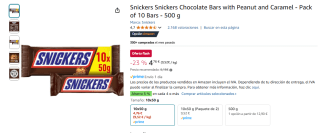 10 Barras de chocolate Snickers con cacahuete y caramelo por 4,76€