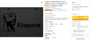 SSD Kingston A400 SSD Disco duro sólido interno 2.5" SATA Rev 3.0, 240GB por 13.99€