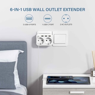 Enchufe de pared de la UE con 2 salidas de CA, 3 USB y 1 Tipo 5V 2.4A por 5,99€