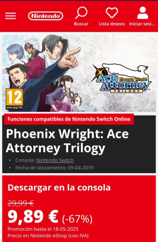 Phoenix Wright: Ace Attorney Trilogy Nintendo Switch por 9,89€.