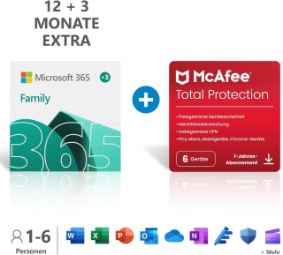 Microsoft 365 Family (15m) + McAfee abonnement (12m) voor 6 personen voor €56,99