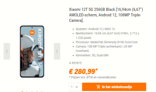 Xiaomi - 12T 5G - 256GB - Zwart voor €280,99 bij Nbb