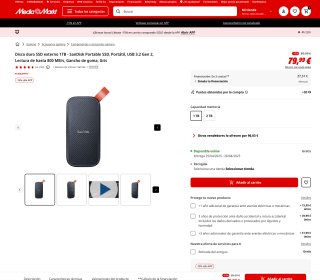 Disco duro SSD externo 1TB SanDisk Portable SSD Portátil USB 3.2 Gen 2 Lectura de hasta 800 MB/s Gancho de goma Gris por solo 67,99€