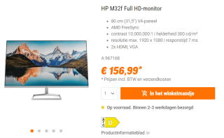 Monitor HP M32f 31,5" LED VA AMD FreeSync voor €156,99 bij Nbb