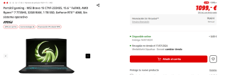 Portatil gaming - MSI Bravo 15 C7VF-233XES, 15.6 " FullHD, AMD Ryzen™ 7 7735HS, 32GB RAM, 1 TB SSD, GeForce RTX™ 4060 FreeDos por 879.2€