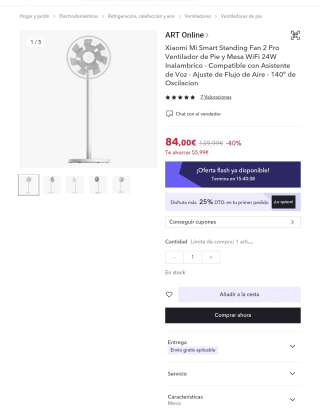 Xiaomi Mi Smart Standing Fan 2 Pro Ventilador WiFi 24W Inalámbrico por 66,36€
