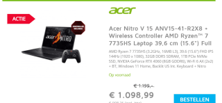 Acer Nitro V 15 ANV15-41-R2X8 15.6" Ryzen 7 RTX 4060 Gaming laptop + Nitro Wireless Controller voor €1099 bij Digitotaal