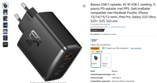 Baseus USB C-oplader 65 W voor €23,99 bij Amazon