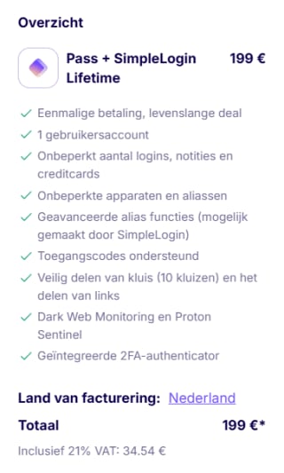 Proton Pass+ SimpleLogin Lifetime voor €199 bij Proton