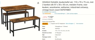 Songmics Eettafel, keukentafel set, 110 x 70 x 75 cm, met 2 banken voor €89,99 bij Amazon