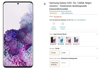 Galaxy S20+ 128GB Reacondicionado a $4,890 en Amazon