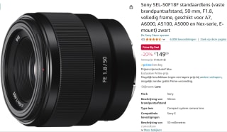 Sony FE 50mm f/1.8 voor €149 met Amazon prime