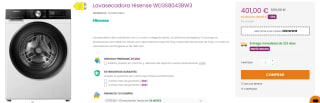 Lavadora secadora Hisense WD3S8043BW3, 8 kg/5 kg, 1400 rpm por 381€