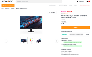Monitor Gigabyte GS27QC 27" QHD VA 165hz 1ms HDR Curvo por solo 159,95€