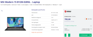 MSI Modern 15 B12M-028NL - Laptop voor €795 bij Azerty