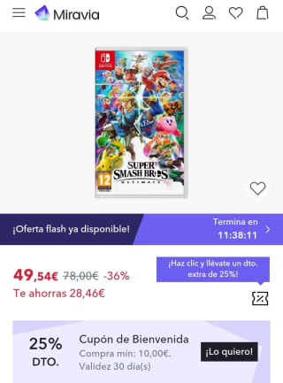 Super Smash Bros Ultimate Nintendo Switch por 37,15€.