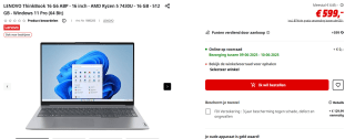Lenovo ThinkBook 16 G6 ABP - 16″ WUXGA IPS - Ryzen 5-7430U - 16 GB voor €599 bij de Mediamarkt