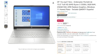 Portátil HP 15s-eq2116ns AMD Ryzen 3 5300U, 8GB RAM, 256GB SSD por 389,99€