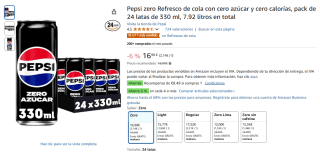 24 latas Pepsi zero Refresco con cero azúcar y cero calorías 330 ml por 16,13€ (reembolso de 8,49€)
