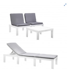 Conjunto de Jardín Mesa + 2 Sillones y Tumbona con Cojines. Duetto Blanco- Antracita por 59€