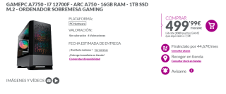 Ordenador Gaming GAMEPC A7750 con i7 12700F - ARC A750 - 16GB RAM - 1TB SSD M.2 por 499,99€