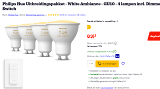 Philips Hue Uitbreidingspakket - White Ambiance - GU10 - 4 lampen incl. Dimmer Switch voor €83,12 bij Bol