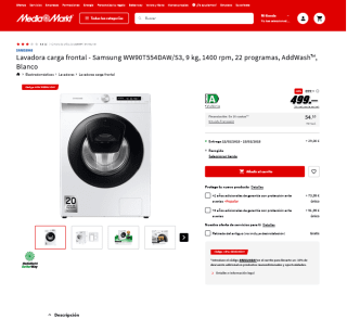 Lavadora carga frontal Samsung WW90T554DAW/S3, 9kg 1400 rpm a 449,10€