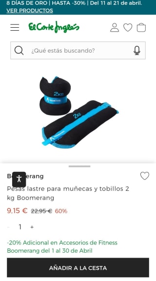 Pesas lastre para muñecas y tobillos 2 kg Boomerang por 9,15€.