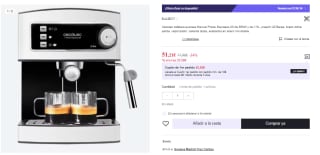 Cafetera Cecotec Power Espresso 20 - 850W, 20 Bares, 1.5L, Calientazas, Vaporizados int. por 51.21€ (Cuenta Nueva 39.21€)
