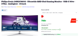 Philips Evnia 34M2C8600 34" Wide Quad HD 175Hz Curved OLED monitor voor €799 bij Bol.com