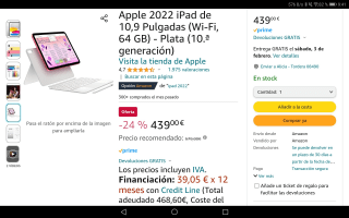 Apple 2022 iPad de 10,9 Pulgadas (Wi-Fi, 64 GB) -Plata (10.ª generación) por 437€