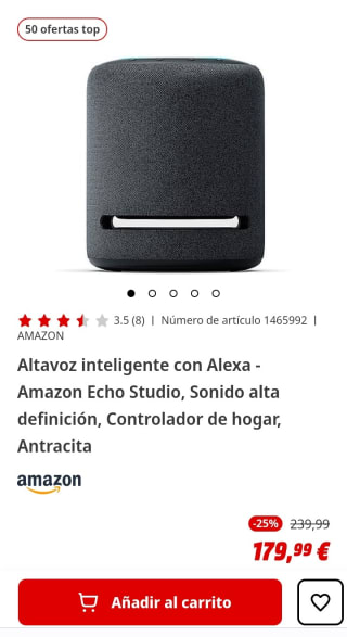 Altavoz inteligente con Alexa Amazon Echo Studio por 179,99€.