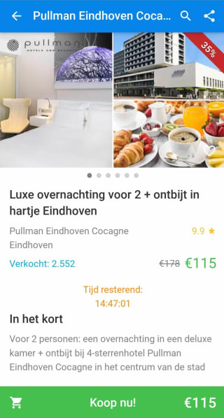 Pullman Eindhoven normale prijs 178 euro nu 35 % korting 115 euro voor 2 personen plus ontbijt