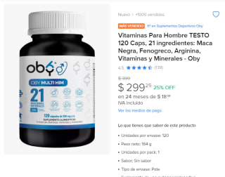 Vitaminas TESTO 120 Caps por $299 | Descuento Mercado Libre