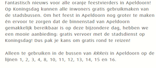 Gratis reizen met de bus op Koningsdag voor inwoners van Apeldoorn met de OV