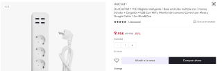 Regleta inteligente con 3 tomas Schuko + Cargador 4 USB Con Wifi y Monitor de consumo por 7,80€