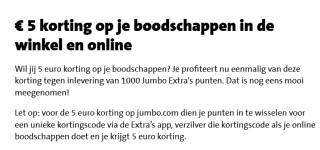 5 euro korting tegen inlevering van 1000 punten bij de Jumbo
