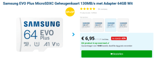 Samsung EVO Plus - Micro SD Kaart - Inclusief SD Adapter - 130 MB/s - 64 GB voor €6,95 bij GSM punt