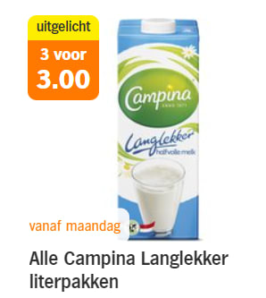 Alle Campina Langlekker literpakken 3 voor €3 bij de AH