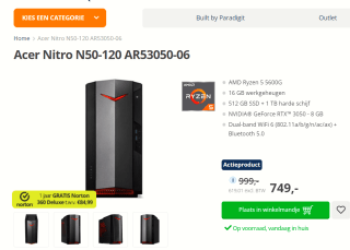 Acer Nitro N50-120 AR53050-06 met 16 GB werkgeheugen voor €749 bij Paradigit