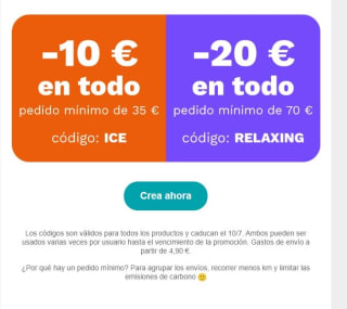 Descuento de 20€ o 10€ según importe de compra