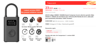 Xiaomi Compresor de aire eléctrico portátil, Mijia Inflador 2 por 23,92€