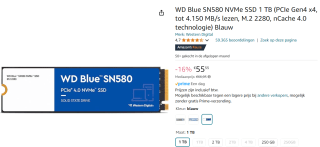 WD Blue SN580 SSD 1TB M.2 PCIe Gen4 NVMe Interne Solid State Module voor €55,55 bij Amazon