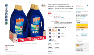 Detergente Wipp Express Líquido Higiene & Anti Olores 28 Lavados Pack 4 112 Lavados por 24,46€