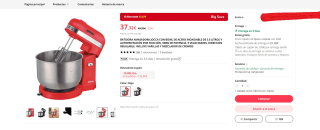 Batidora Amasadora Con Bowl y varillas 5 Velocidades marca Jocca - Roja o negra por 37,32€