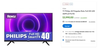 TV Philips 40" Roku FHD LED 40PFL4775/F8 por $3,990 en Walmart