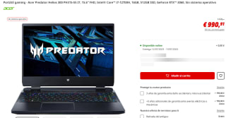 Ordenador Portátil gaming - Acer Predator Helios 300 PH315-55 I7, 15.6" FHD, Intel® Core™ i7-12700H, 16GB, 512GB SSD, GeForce RTX™ 3060, Sin sistema operativo por 990.91€