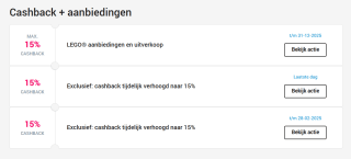 15% cashback op Lego via CashbackXL