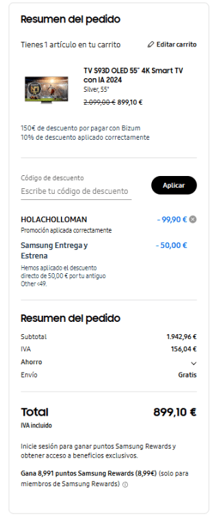 Samsung TV S93D OLED 55” 4K Smart TV con IA 2024 TQ55S93DAEXXC + 50€ reembolso por 899,10€